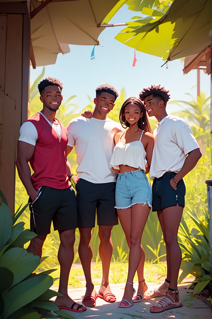 2 young women in shorts with two young men wearing shorts, couples, at bbq, outdoor grill, distance shot, happy, talking