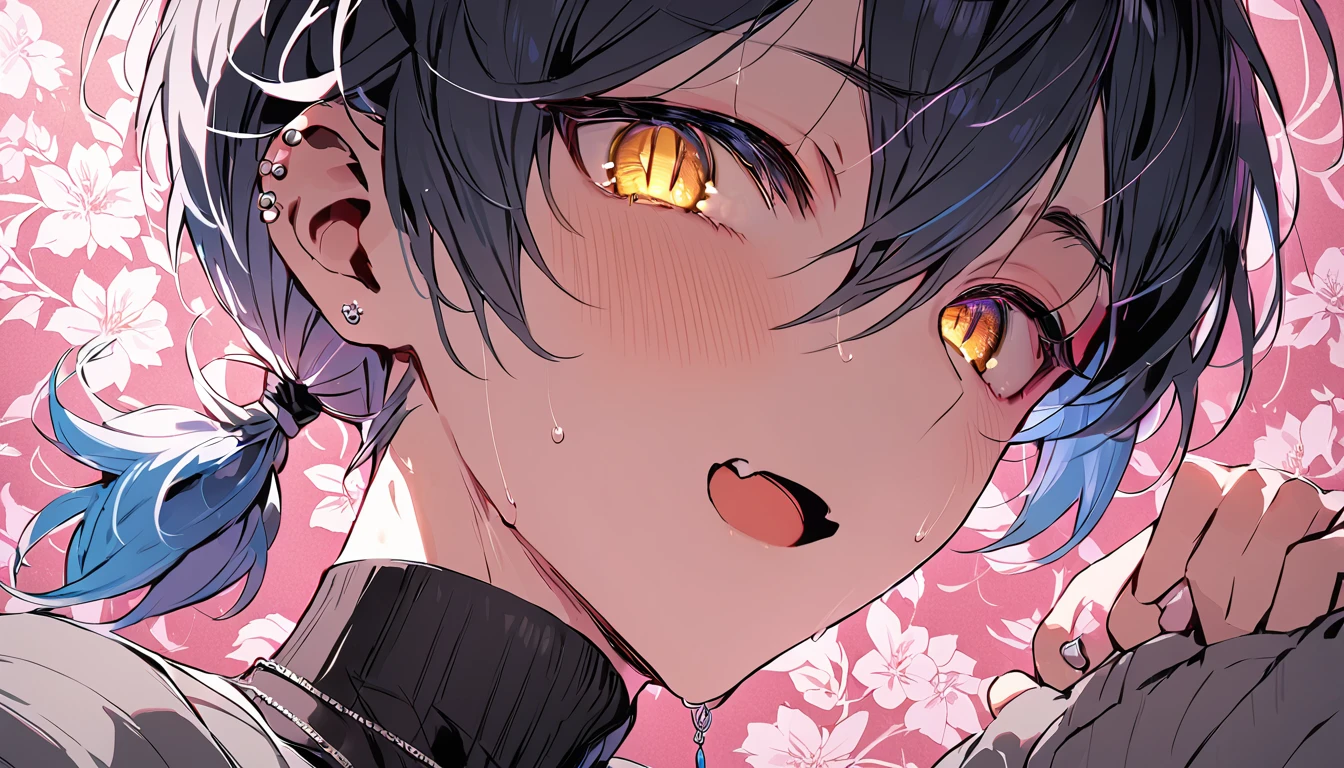 ((((best masterpiece, best quality, wallpaper,)))) solo, guy, male body, small muscles, flat chest, 1male, 30 years old, handsome man, dramatic angle, upper body, looking at viewers, beautiful detailed, mediumturquoise hair, ((((Lower short ponytail)))), asymmetrical bangs, ((short hair,)) blush stickers, sweat, (((perfect face, extremely detailed eyes,))) ((( jitome, gold eyes, ^o^, tareme, droopy eyes,))) perfect hands, sharp nose, clear face, black turtleneck, grey cardigan, ((silver piercing, pendant,)) leggings, pink background color ultrasharp, 8K, masterpiece,