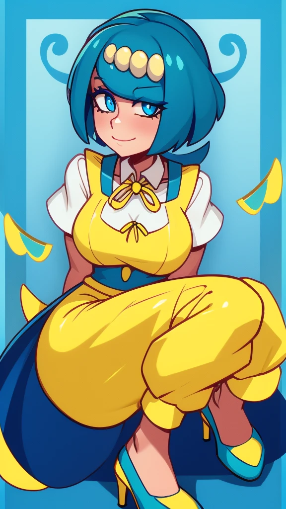  a cute aloha girl beautiful attraction big chest blue hair Caribbean short round cut wearing shell hair her bright blue eye she wears a white shirt yellow lace thread collar and her skirt long blue pants yellow heels 