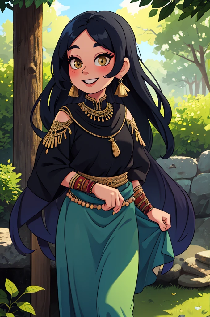 Portrait of middle eastern woman, Be proud and empowered of your cultural identity, very long skirt, outdoor, from the side, look to the side, Smile, Dappled sunlight,
best quality, masterpiece, intricate details, High environmental detail, Tone \(style\),