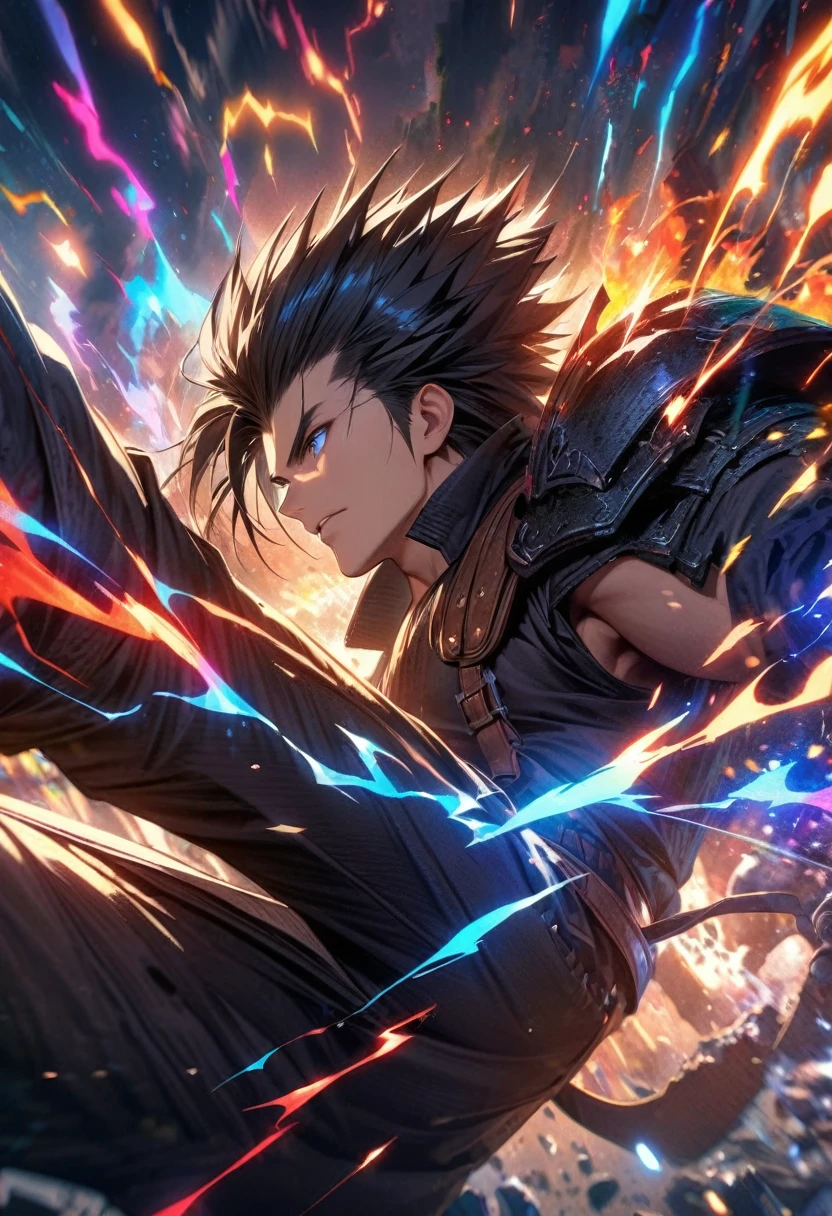 Symetrical,absurdres, highres, ultra detailed, HDR, masterpiece, extremely detailed face and eyes, zack,final fantasy 7, black hair , , solo, man, handsome, ,, , Epic fight scene, colorful lightning effect, glowing glitters, colorful splashing effect, colorful flames, 