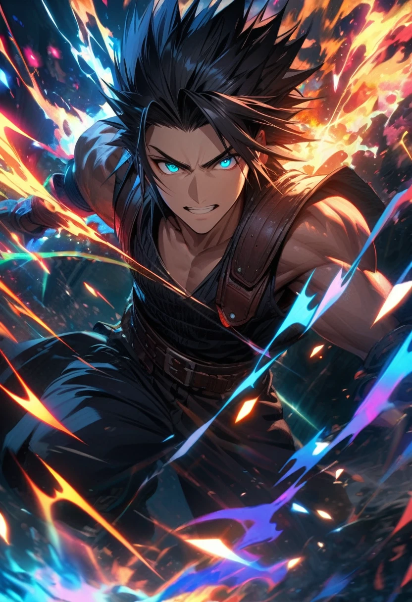 Symetrical,absurdres, highres, ultra detailed, HDR, masterpiece, extremely detailed face and eyes, zack,final fantasy 7, black hair , , solo, man, handsome, ,, , Epic fight scene, colorful lightning effect, glowing glitters, colorful splashing effect, colorful flames, 