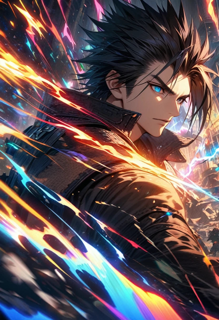 Symetrical,absurdres, highres, ultra detailed, HDR, masterpiece, extremely detailed face and eyes, zack,final fantasy 7, black hair , , solo, man, handsome, ,, , Epic fight scene, colorful lightning effect, glowing glitters, colorful splashing effect, colorful flames, 