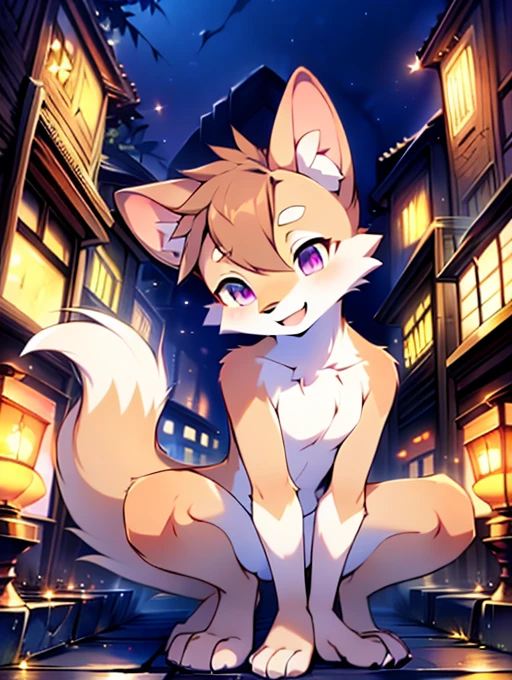 Civet cat, , cute, (alone), (((Has brown and white fur))), Big purple eyes, Blushing, smile, Open your mouth, walking, night, Ancient Asian cities, bright street lights, Blue and black slate road, Empty Streets, Starry Sky, Shadow, Detailed facial depiction, ((Accurate hand drawing)), レンブラントの光とShadow, Ultra-fine，Completely naked，Naked，Naked，I&#39;m not wearing anything，Furry，kemono，