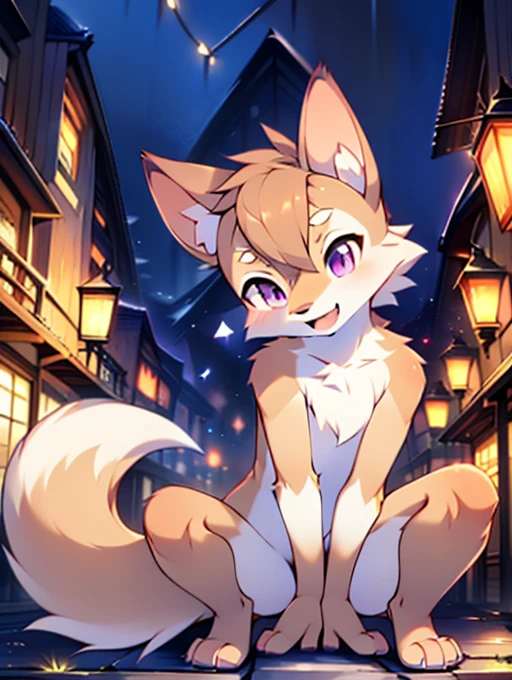 Cat, **********, cute, (alone), (((Has brown and white fur))), Big purple eyes, Blushing, smile, Open your mouth, walking, night, Ancient Asian cities, bright street lights, Blue and black slate road, Empty Streets, Starry Sky, Shadow, Detailed facial depiction, ((Accurate hand drawing)), レンブラントの光とShadow, Ultra-fine，high resolution，Completely naked，Naked，Naked，Full nudity，Nude，Barely，Fully visible，Spread your legs and point your crotch，Embarrassing，Embarrassed look，On all fours，Put your hands and feet on the ground，Sit like a dog，quadruped，Accurate hand and foot count，shame，A furry in heat，first round，Fantasy，Anime-style depiction，Male furry，