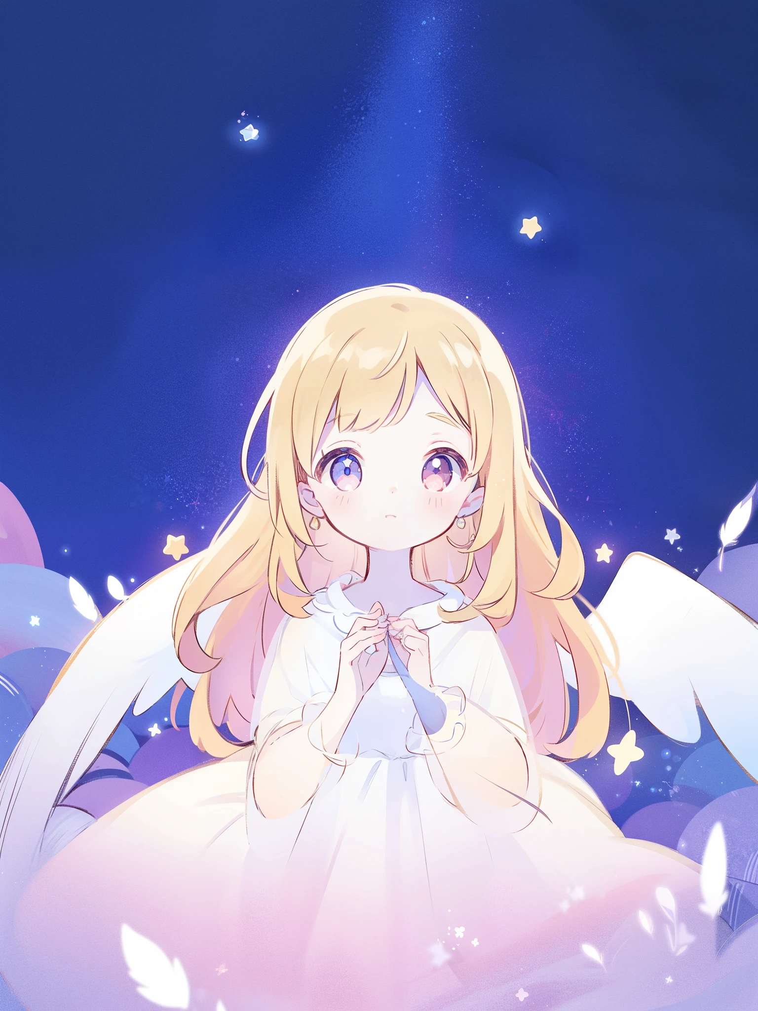 angel girl wearing an ethereal translucent dress, pale skin and light pink hair, white feathers, angel wings, sparkling detailed eyes, golden ratio face, perfect composition, highly detailed, ethereal, (starry night sky background), midjourney style