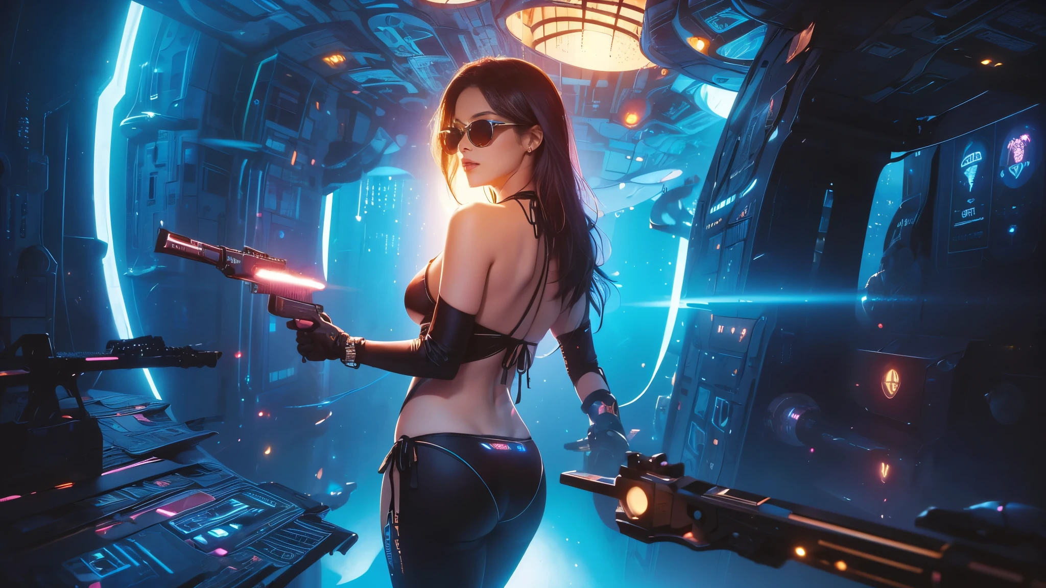 (((a medium-breast bikini slim GIRL with black (micro) sunglasses))), (((((aiming at viewer with a pistol))))), a balcony of a futuristic building, aerial view of an ultra-futuristic megalopolis, metal buildings and houses in dark colors from dark blue to black, shades of metal gray, smoky metal structures, industrial environment with smoke and fog around, dark cars on the streets, desert megalopolis, modern metal rails and trains passing through, tall futuristic metal buildings, ultra modern buildings, (((((futuristic space station))))), realistic, detailed, sci-fi.