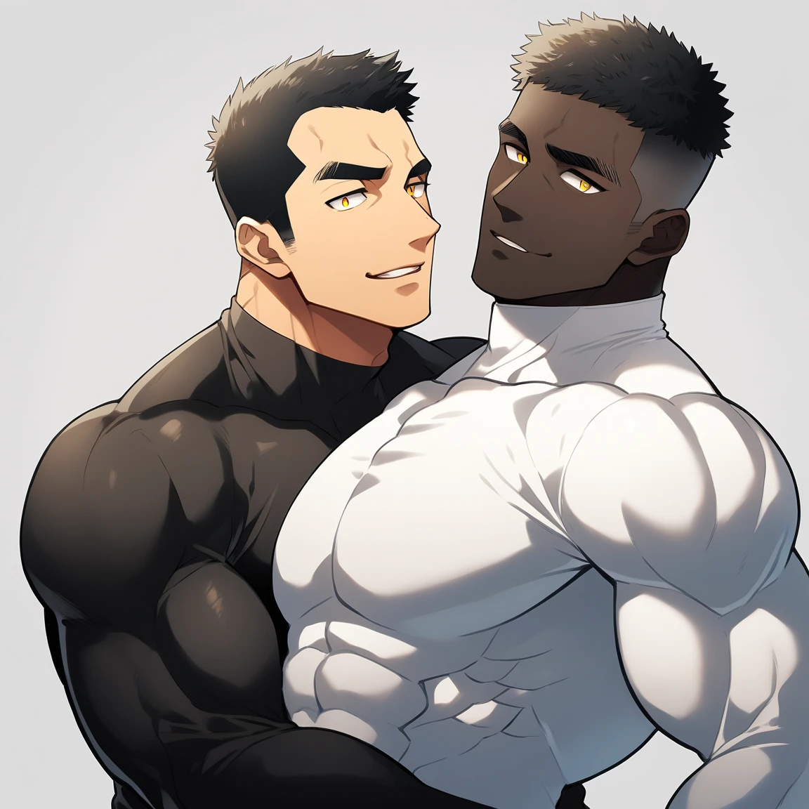 anime characters:Two superheroes in tights, Muscle superhero, negro black skin, They hugged and kissed each other, Bite your neck, Caress, Manliness, male focus, Yellow and black high collar long sleeve tight T-shirt, Slightly transparent material, Very tight, Round, full and perky chest muscles, Muscle waist, Slightly transparent, muscular male, muscular, only, Upper body, alone, Black short hair, Thick eyebrows, stubble, Yellow eyes, Grey background, simple background, amazing quality, best aesthetics, Ridiculous, bright pupils, crew cut, parted lips, seductive smile, torogao, naughty face, drop shadow, best quality