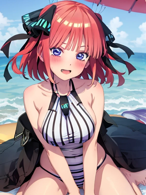 best quality, insanely detailed, nino nakano, breasts, halterneck swimsuit, striped, flower print, breast hold