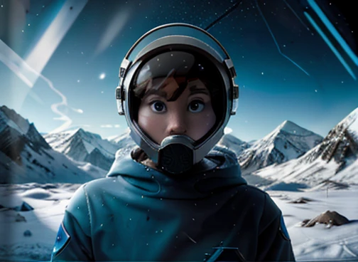  Astronaut looking scared at the spectator, transparent space helmet visor, In the scenario there are immense frozen mountains. The soil and frozen environment, snow covered, icy storm 