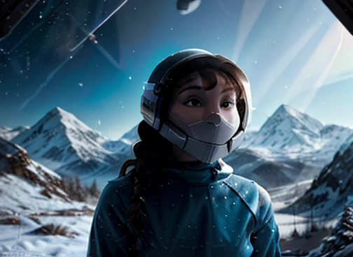  Astronaut looking scared at the spectator, transparent space helmet visor, In the scenario there are immense frozen mountains. The soil and frozen environment, snow covered, icy storm 