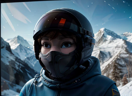  Astronaut looking scared at the spectator, transparent space helmet visor, In the scenario there are immense frozen mountains. The soil and frozen environment, snow covered, icy storm 