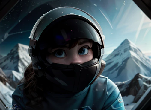  Astronaut looking scared at the spectator, transparent space helmet visor, In the scenario there are immense frozen mountains. The soil and frozen environment, snow covered, icy storm 