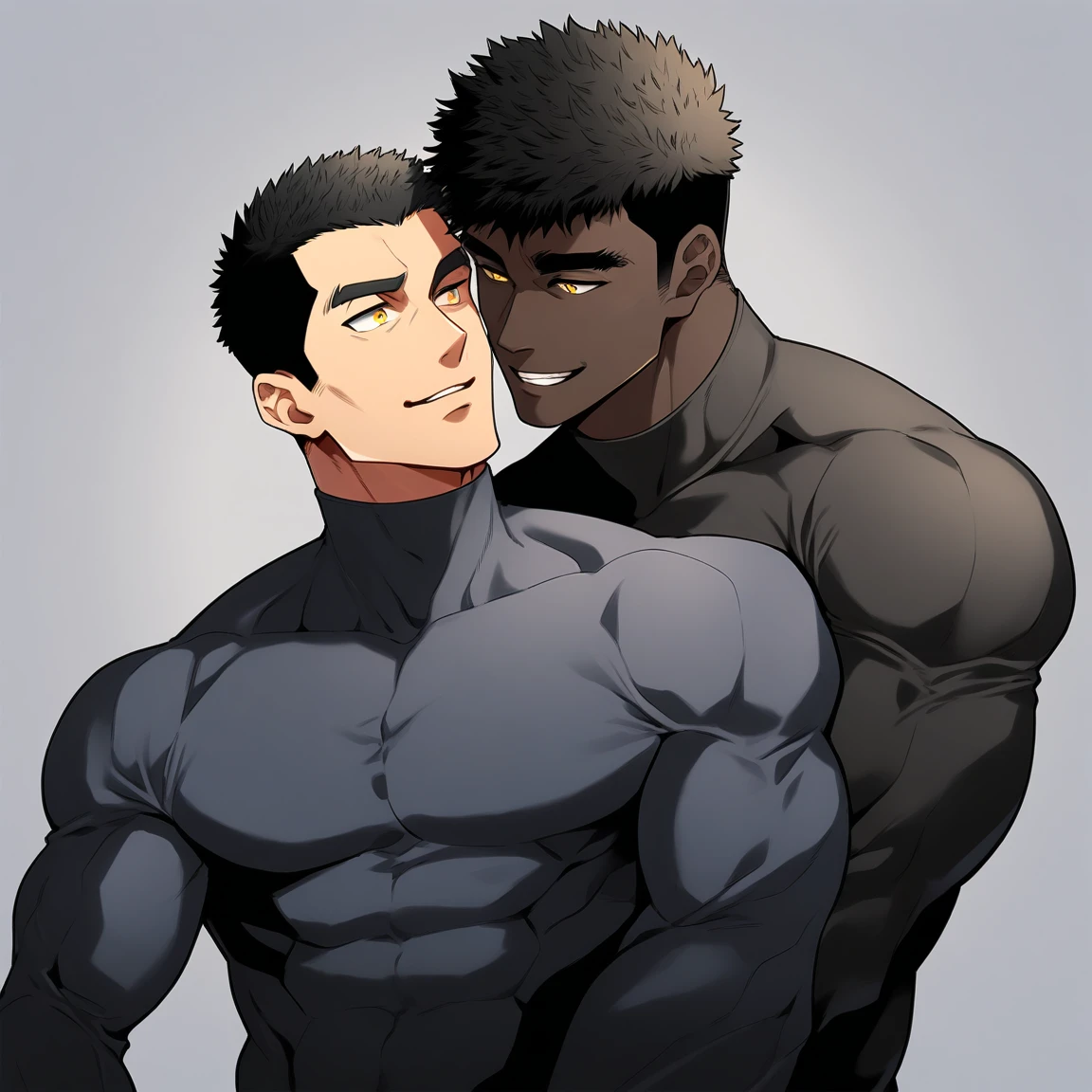 anime characters:Two superheroes in tights, Muscle superhero, negro black skin, They hugged and kissed each other, Bite your neck, Caress, Manliness, male focus, Yellow and black high collar long sleeve tight T-shirt, Slightly transparent material, Very tight, Round, full and perky chest muscles, Muscle waist, Slightly transparent, muscular male, muscular, only, Upper body, alone, Black short hair, Thick eyebrows, stubble, Yellow eyes, Grey background, simple background, amazing quality, best aesthetics, Ridiculous, bright pupils, crew cut, parted lips, seductive smile, torogao, naughty face, drop shadow, best quality