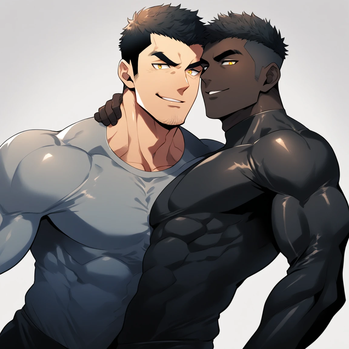 anime characters:Two superheroes in tights, Muscle superhero, negro black skin, They hugged and kissed each other, Bite your neck, Caress, Manliness, male focus, Yellow and black high collar long sleeve tight T-shirt, Slightly transparent material, Very tight, Round, full and perky chest muscles, Muscle waist, Slightly transparent, muscular male, muscular, only, Upper body, alone, Black short hair, Thick eyebrows, stubble, Yellow eyes, Grey background, simple background, amazing quality, best aesthetics, Ridiculous, bright pupils, crew cut, parted lips, seductive smile, torogao, naughty face, drop shadow, best quality