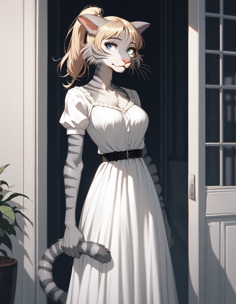 Solo, beastars style, score_9,score_8_up,score_7_up, source_furry, (Kat, Anthro furry feline girl, adult female, blue eyes, blonde hair, (hair in a ponytail), silver fur, grey stripes, pink nose, :3, tail), wearing all white  dress, black belt, standing, 