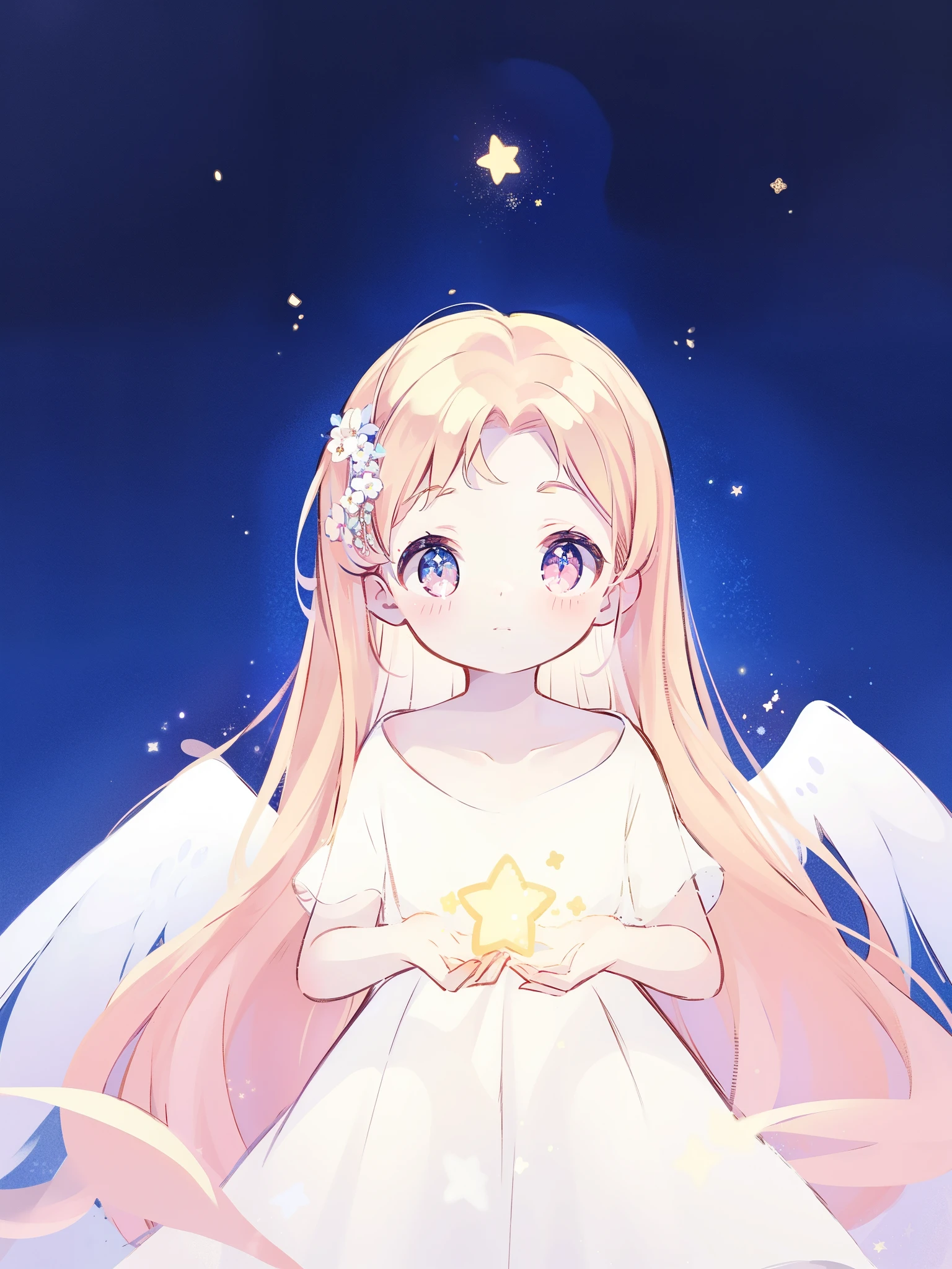 angel girl wearing an ethereal translucent dress, pale skin and light pink hair, white feathers, angel wings, sparkling detailed eyes, golden ratio face, perfect composition, highly detailed, ethereal, (starry night sky background), midjourney style