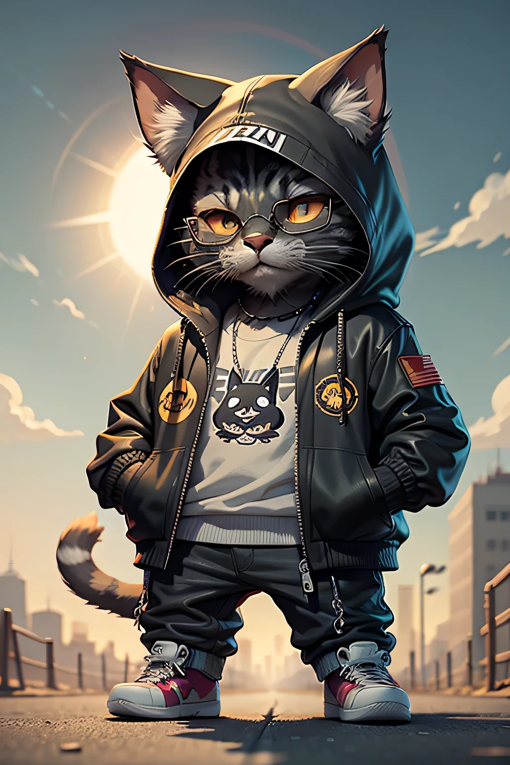 C4tt4stic, Cartoon black cat in jacket and skateboard, oculos de sol,