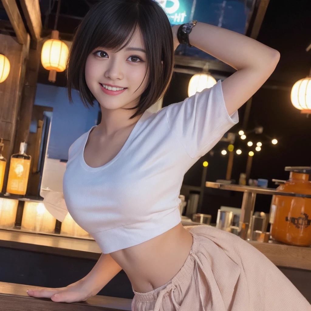 (1 ultra cute japanese girl, short hair:1.5), part-time job at a bar,detailed face, ultra detailed eyes, incredible beautiful eyes, symmetry dropped eyes, no makeup, big smile,Enthusiastic belly laugh, open mouth, best quality, 4k, 8k, highres, masterpiece, ultra-detailed, realistic, photorealistic, photo-realistic, HDR, UHD, studio lighting, ultra-fine painting, sharp focus, physically-based rendering, extreme detail description, professional, vivid colors, bokeh