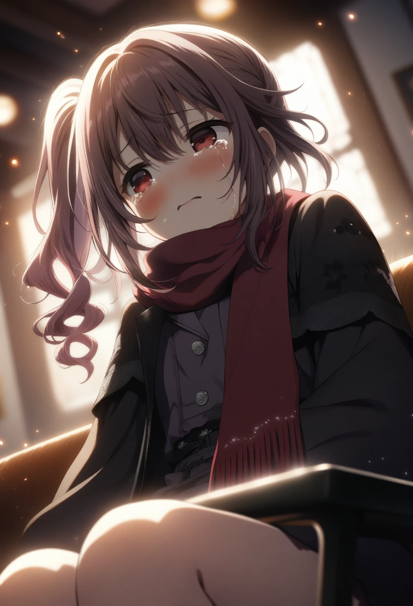1girl mauve, official art, sitting, crying, tears streaming, black coat, red scarf, black hair, side_ponytail, red eyes, (very aesthetic, best quality, ultra detailed), intricate details, highres, indoors, light particles, close-up, blurry background,, low angle, cinematic angle, cowboy shot, emotional, delicate features