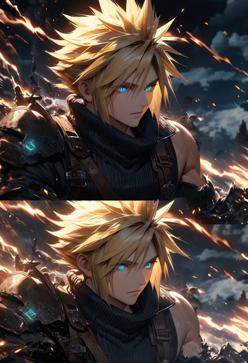 Symetrical,absurdres, highres, ultra detailed, HDR, masterpiece, extremely detailed face and eyes, Cloud Strife,final fantasy 7, yellow hair , , solo, man, handsome, ,, , Epic fight scene,black  lightning effect, glowing glitters, Epic black jacket, black flames effect, black aura effect, black splashing