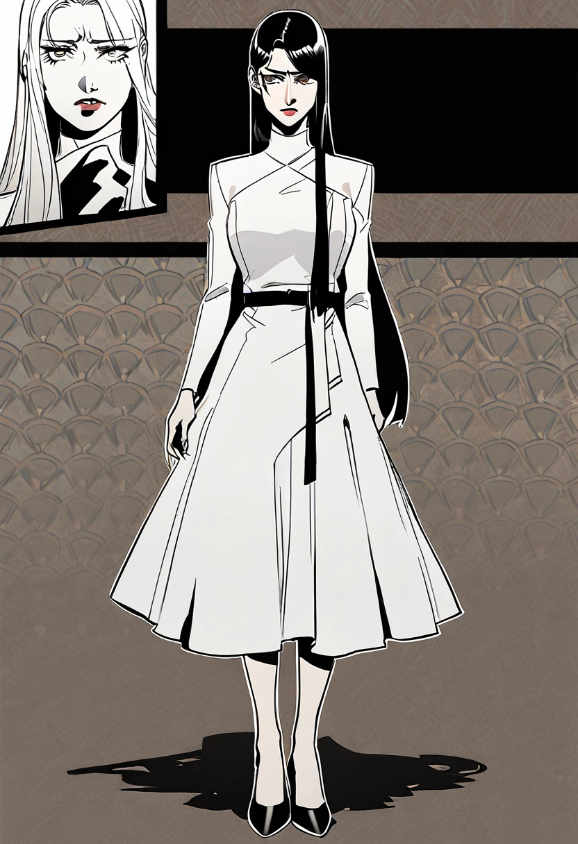 A woman of thirty, full body portrait, long hair, wearing a long white dress, black high heels, aggrieved expression, Korean comic style