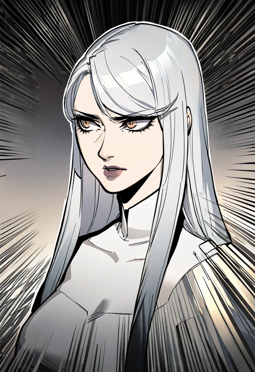 A woman of thirty, full body portrait, long hair, wearing a long white dress, black high heels, aggrieved expression, Korean comic style