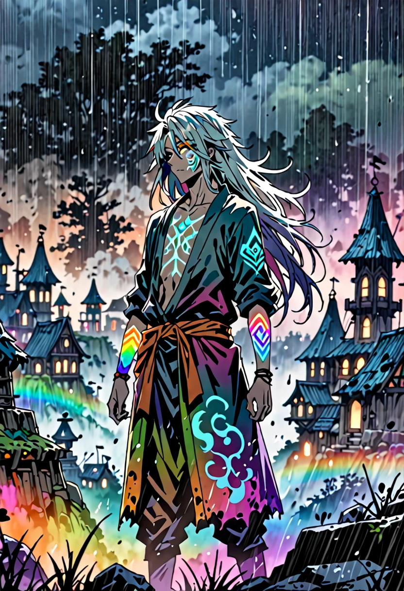 An ethereal sultryseductivedemonic 20 year old anime male druid with metallic long hair and tattoos, delicate masterpiece intimate glowing neon tattoos, anime druid demon male hellscape at night, manga inspired by Masashi Wakui, rainbow color palette, atmospheric fog, decay, worn textures, rain-soaked fantasy village, manga-style illustration --s 150 --ar 1:2 --c 5 Removed From Image