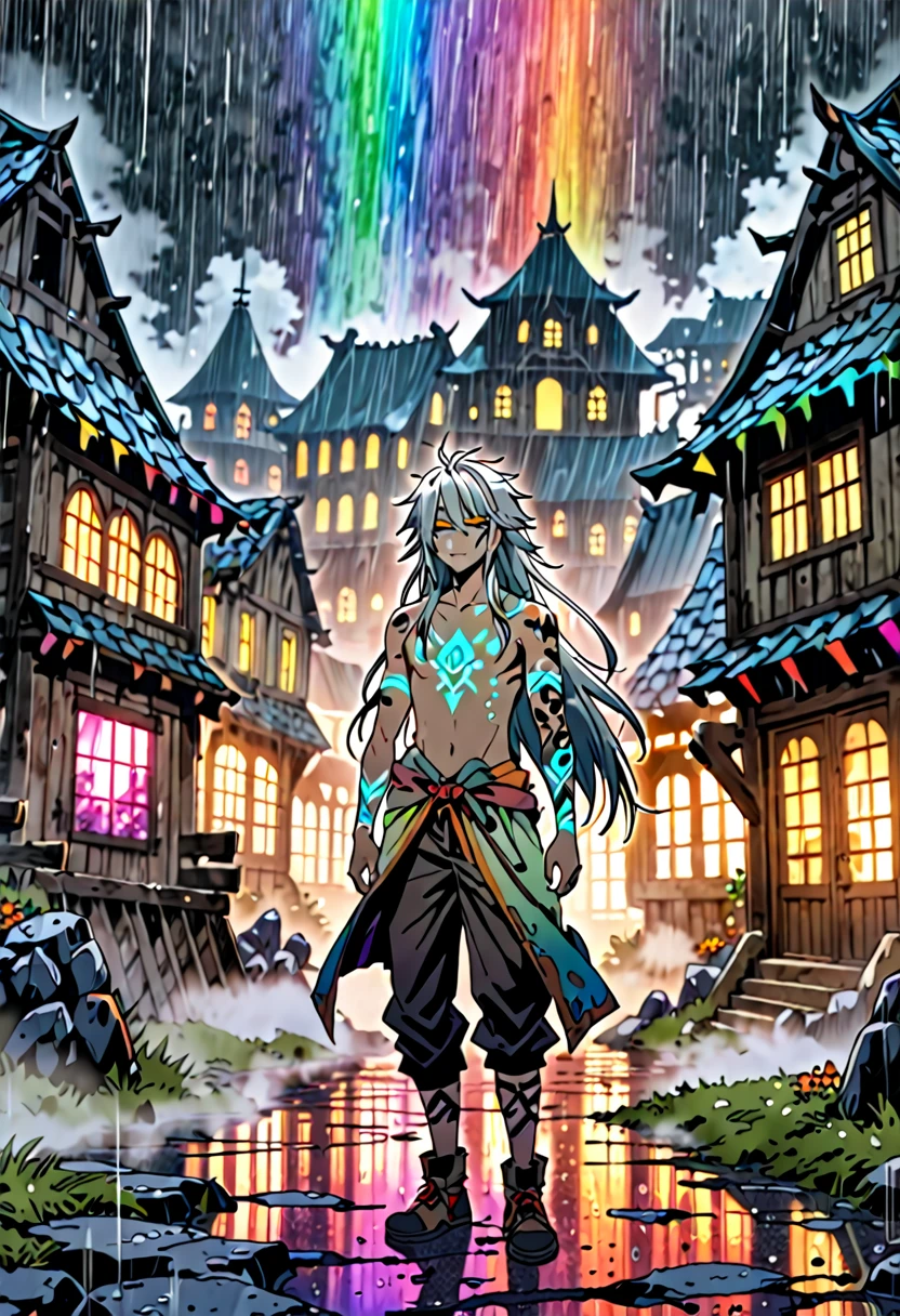 An ethereal sultryseductivedemonic 20 year old anime male druid with metallic long hair and tattoos, delicate masterpiece intimate glowing neon tattoos, anime druid demon male hellscape at night, manga inspired by Masashi Wakui, rainbow color palette, atmospheric fog, decay, worn textures, rain-soaked fantasy village, manga-style illustration --s 150 --ar 1:2 --c 5 Removed From Image