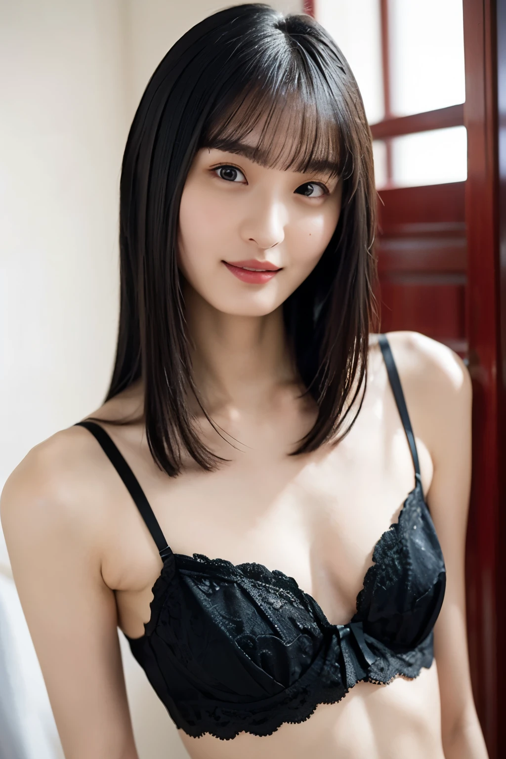 (realistic, photo-realistic:1.4), (masterpiece, best quality:1.2), RAW photo, high resolution, intricate details, extremely detailed, sharp and realistic details, (portrait), solo, a 22 years old  Japanese woman,  (smaller breasts, flat chest), (over exposure, sexy erotic tiny string of G-string lingerie, black lingerie, collarbone, navel:1.2), smaller face, thin, slim, slender, skinny, (straight hair, blunt bangs:1.2), thin makeup, detailed face, beautiful detailed eyes, pale skin, fine-textured skin, seductive smile, parted lips, photo background, indoors, home,