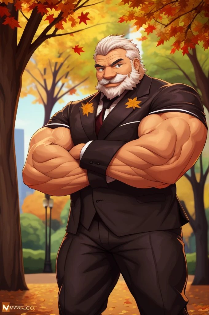 a muscular old man in park, happy, autumn, suits, vector, mwvector, bokeh, smile, (masterpiece:1.2),(best quality,8k),huge and muscular,thick arms,short hair,white hair