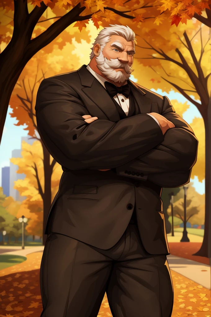 a muscular old man in park, happy, autumn, suits, vector, mwvector, bokeh, smile, (masterpiece:1.2),(best quality,8k),huge and muscular,thick arms,short hair,white hair