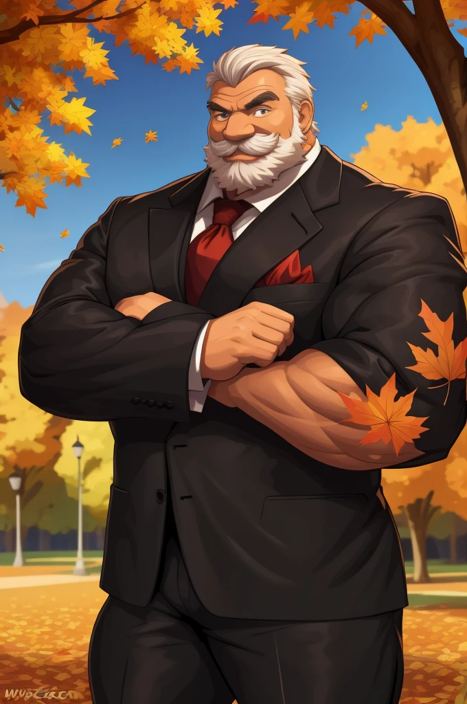 a muscular old man in park, happy, autumn, suits, vector, mwvector, bokeh, smile, (masterpiece:1.2),(best quality,8k),huge and muscular,thick arms,short hair,white hair