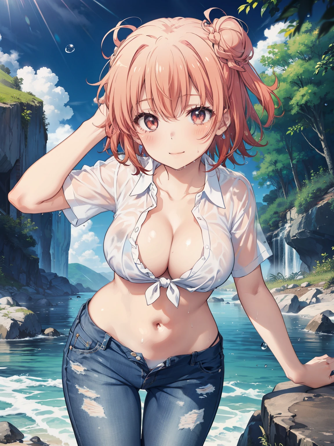 ((Highest quality, High resolution,  Perfect Pixel,  4K)),  (Beautiful Anime Girls), Depth of written boundary、


Yuigahama Yui,  (Big Breasts:1.3)、 
short hair, Single hair bun,  
White ruffled shirt、Micro Denim Pants、No bra、Wet clothes、Wet Hair、

(belly button、Groin、Thighs、Cleavage)、

smile、blush、Sweat、Leaning forward、

summer、Shallow River、Splash、Water Drop、rock、sunlight、