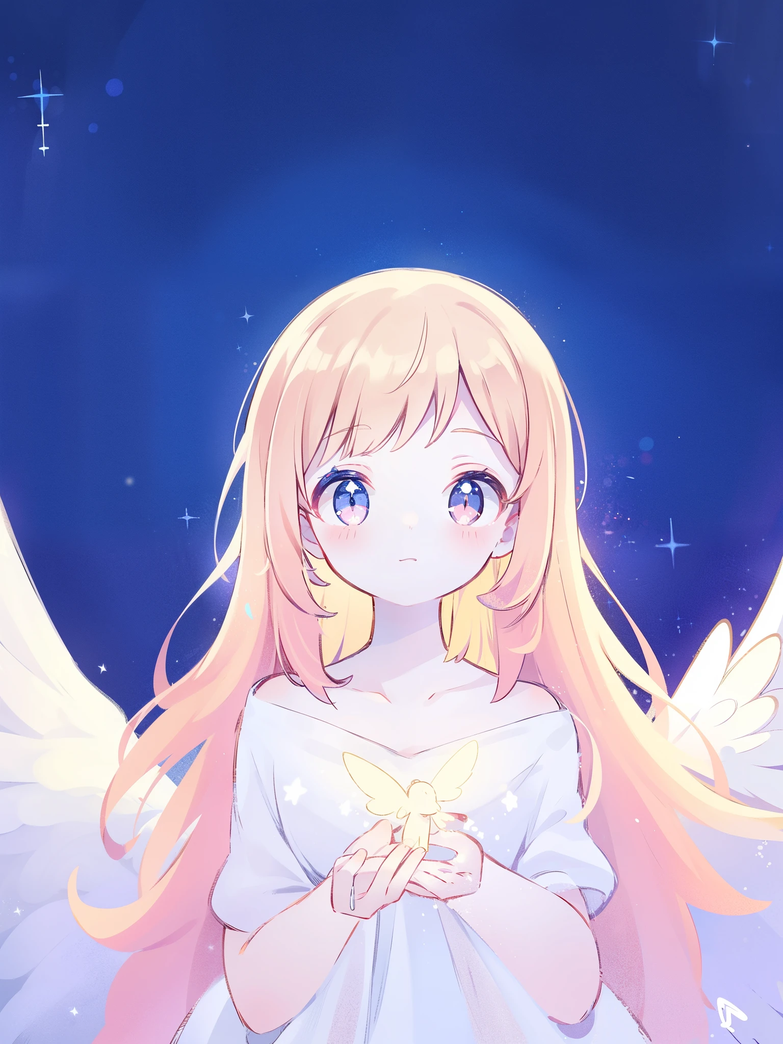 angel girl wearing an ethereal translucent dress, pale skin and light pink hair, white feathers, angel wings, sparkling detailed eyes, golden ratio face, perfect composition, highly detailed, ethereal, (starry night sky background), midjourney style