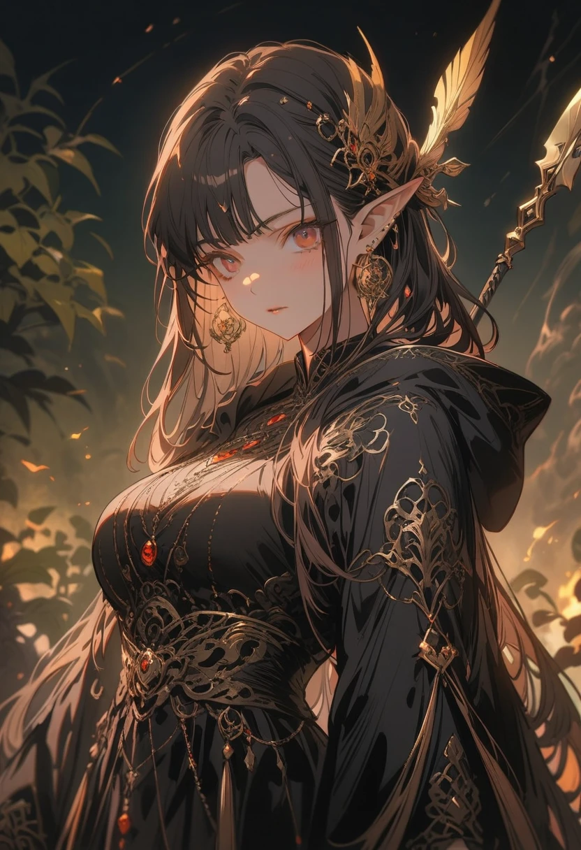 1girl, dark elf, kyuudou, large breasts, hooded cloak, bow and arrow, highly detailed, intricate, fantasy, dark mood, dramatic lighting, cinematic, chiaroscuro, dark color palette, muted tones, moody atmosphere, mystical, atmospheric, (best quality,4k,8k,highres,masterpiece:1.2),ultra-detailed