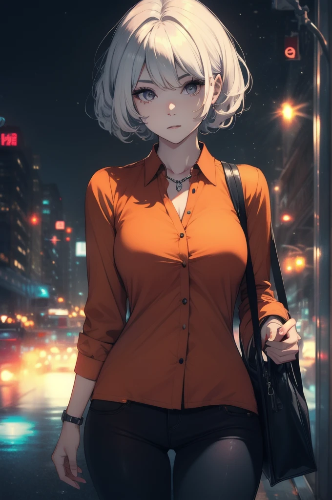 Curly Bob Cut, A platinum-haired woman in an orange collared shirt poses for a photo in the city, 8k art germany bokeh, well-proportioned body, 美しいKorean women, Gorgeous Necklace, 美しい若いKorean women, Soft Portrait Shot 8k, Korean Girls, Double eyelids and narrow eyes, beautiful grey eyes, Trans8K, Cute young woman, Korean women, Beautiful blonde girl