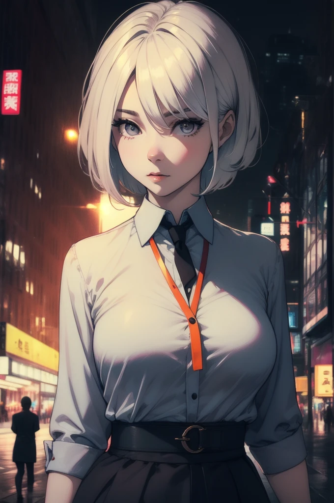 Curly Bob Cut, A platinum-haired woman in an orange collared shirt poses for a photo in the city, 8k art germany bokeh, well-proportioned body, 美しいKorean women, Gorgeous Necklace, 美しい若いKorean women, Soft Portrait Shot 8k, Korean Girls, Double eyelids and narrow eyes, beautiful grey eyes, Trans8K, Cute young woman, Korean women, Beautiful blonde girl