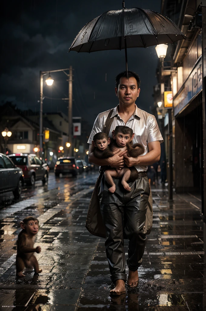 there is a Large and family monkey holding a  monkey in the rain, by Basuki Abdullah, by Arthur Pan, adorable digital painting, by Darek Zabrocki, monkeys, shutterstock contest winner, highly realistic photo, by Alexander Kucharsky, an award winning photo, raining award winning photo, by John La Gatta, by Dan Christensen, sony world photography awards