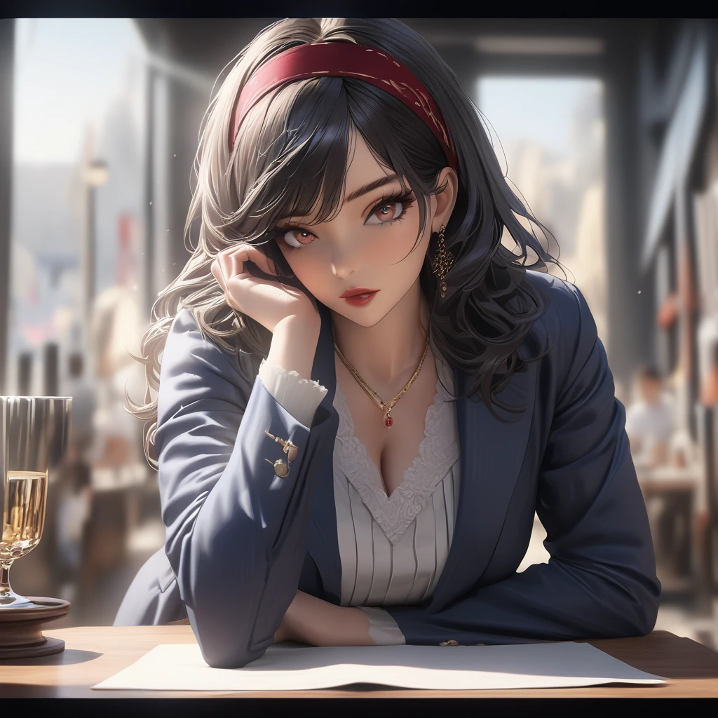 A woman with straight, shoulder-length black hair, adorned with a red headband, wearing a tailored navy blue blazer over a white blouse, paired with a matching navy blue midi skirt, black high heels, silver necklace, beautiful detailed eyes, beautiful detailed lips, extremely detailed eyes and face, long eyelashes, (best quality, 4k, 8k, highres, masterpiece:1.2), ultra-detailed, (realistic, photorealistic, photo-realistic:1.37), HDR, UHD, studio lighting, ultra-fine painting, sharp focus, physically-based rendering, extreme detail description, professional, vivid colors, bokeh, photography