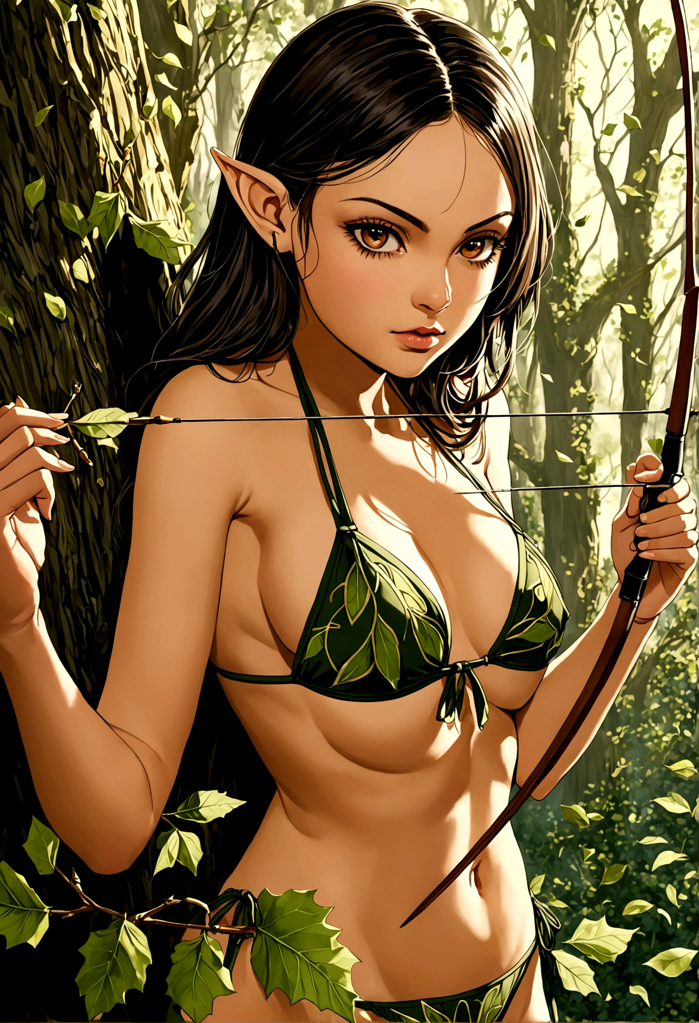 Mila Kunis (age 20) is playing an elf (naturalistic bow, crude natural arrows, fig leaf bikini), she is shooting at goblin shaped targets hanging from trees