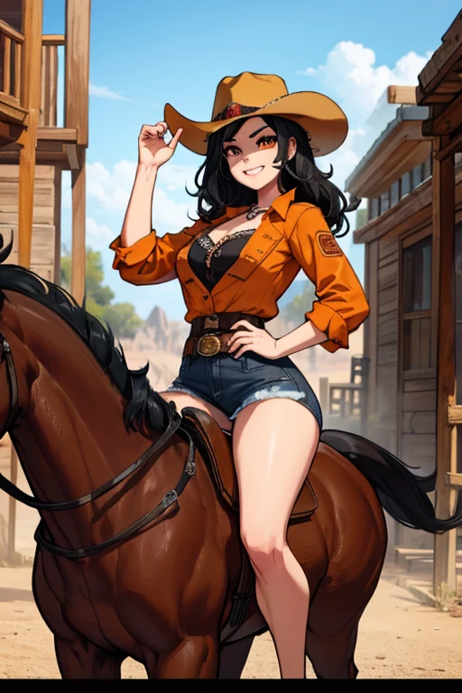perfect face, perfect hands. A black haired female cowgirl with orange eyes in a conservative cowgirl outfit is riding a horse through a wild west town with a big smile