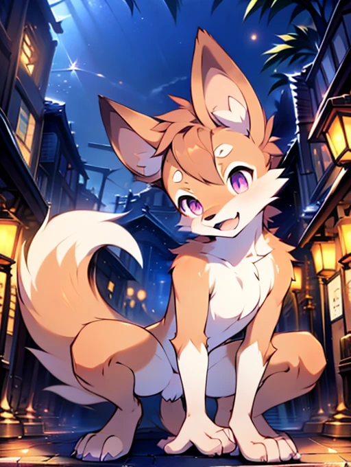 , **********, cute, (alone), (((Has brown and white fur))), Big purple eyes, Blushing, smile, Open your mouth, walking, night, Ancient Asian cities, bright street lights, Blue and black slate road, Empty Streets, Starry Sky, Shadow, Detailed facial depiction, ((Accurate hand drawing)), レンブラントの光とShadow, Ultra-fine，high resolution，Completely naked，Naked，Naked，Full nudity，Nude，Barely，Fully visible，Spread your legs and point your crotch，Embarrassing，Embarrassed look，On all fours，Put your hands and feet on the ground，Sit like a dog，quadruped，Accurate hand and foot count，shame，A furry in heat，first round，Fantasy，Anime-style depiction，Male furry，