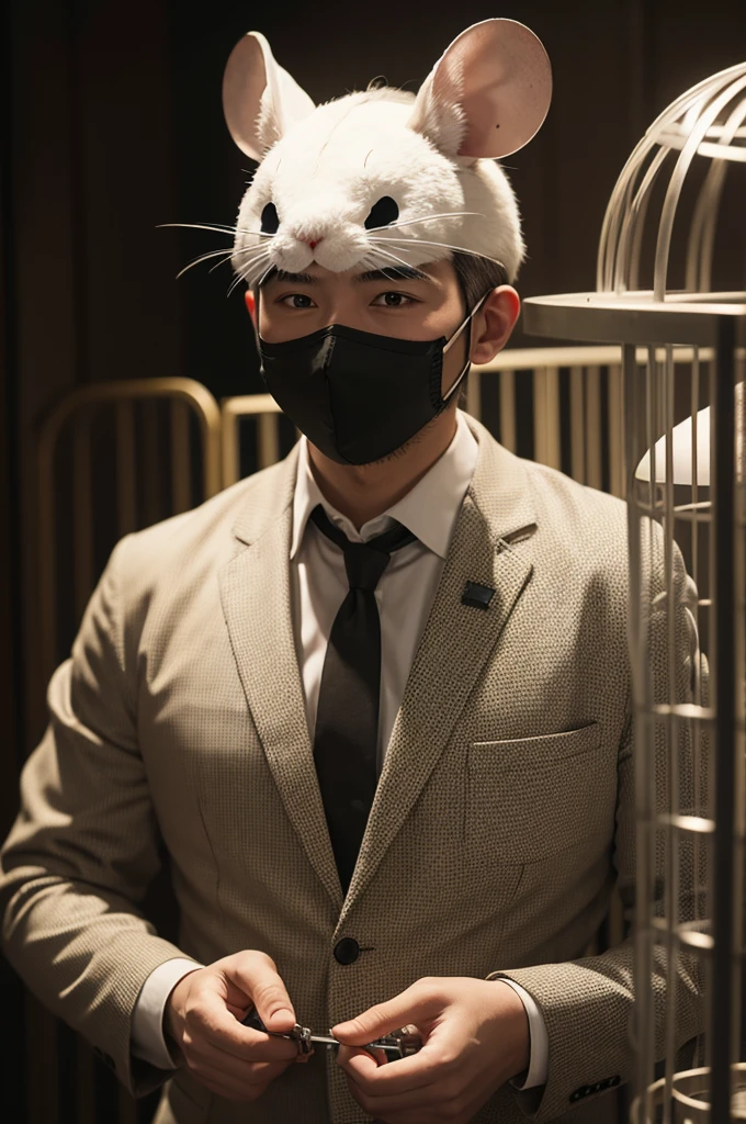 A man with a mouse mask in a cage