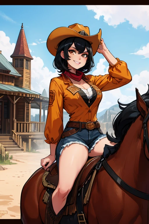 perfect face, perfect hands. A black haired female cowgirl with orange eyes in a conservative cowgirl outfit is riding a horse through a wild west town with a big smile