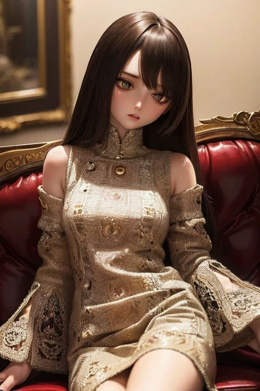 photorealistic, realistic photo, ((highest quality)), ((masterpiece)), detailed, kukolnydom, doll, (mature woman, 22yo, 22 years old:1.6), solo, ((cowboy shot, sitting on sofa, reclining on sofa, skinny, slender, slim, parted lips)), green eyes, brown hair, (looking away, blank eyes, empty eyes, detailed eyes:1.3), dress, museum, 8k