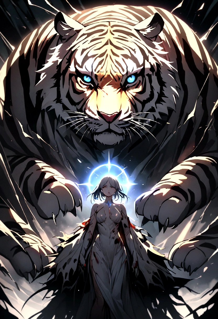 a woman whose body was torn apart, covered in wounds and bleeding, was eaten by a very ferocious tiger