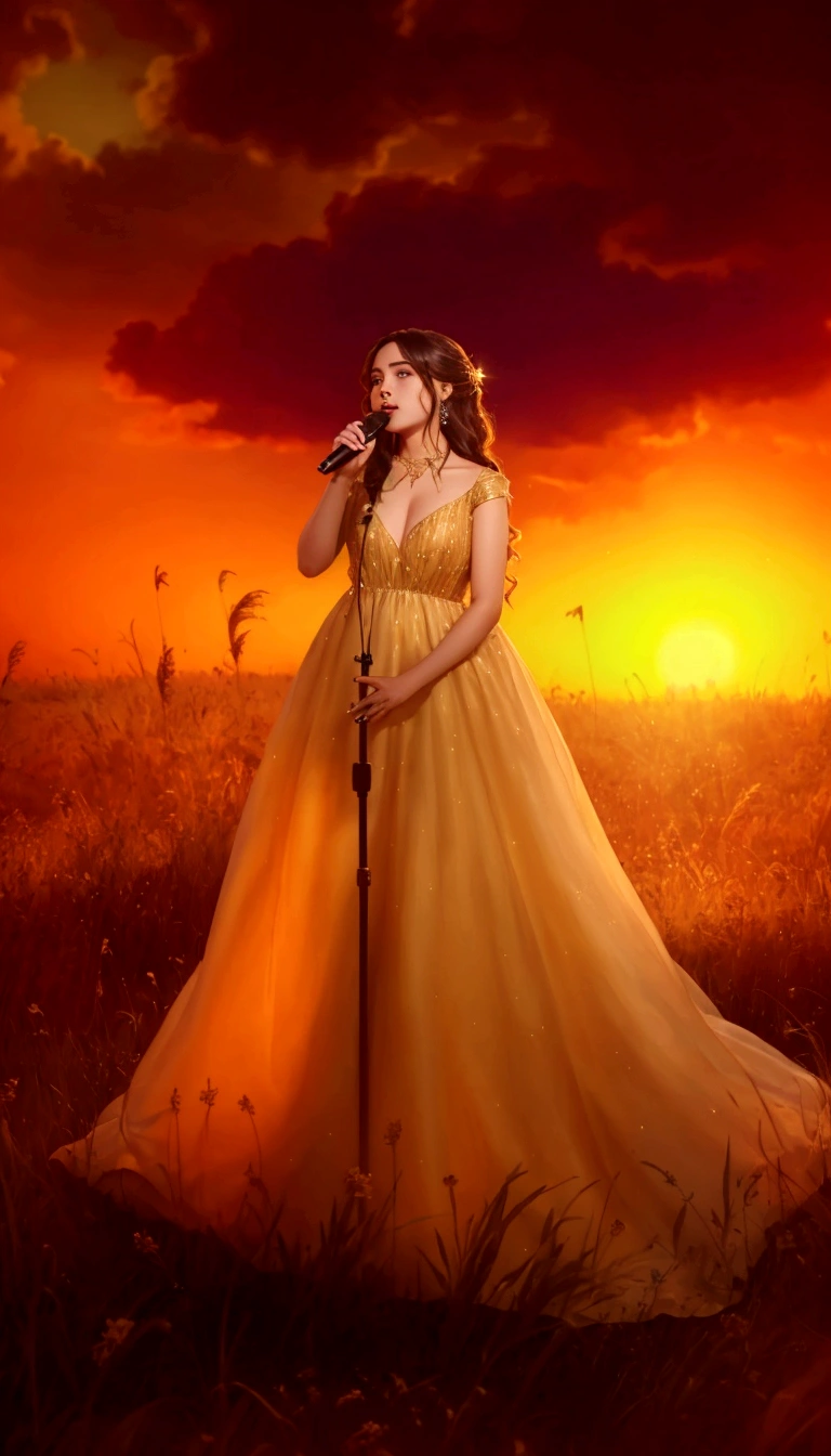 a woman in a long dress singing into a microphone in a field, foreground background, performing, flowing gown, wearing a dress made of stars, bathed in golden light, sunset