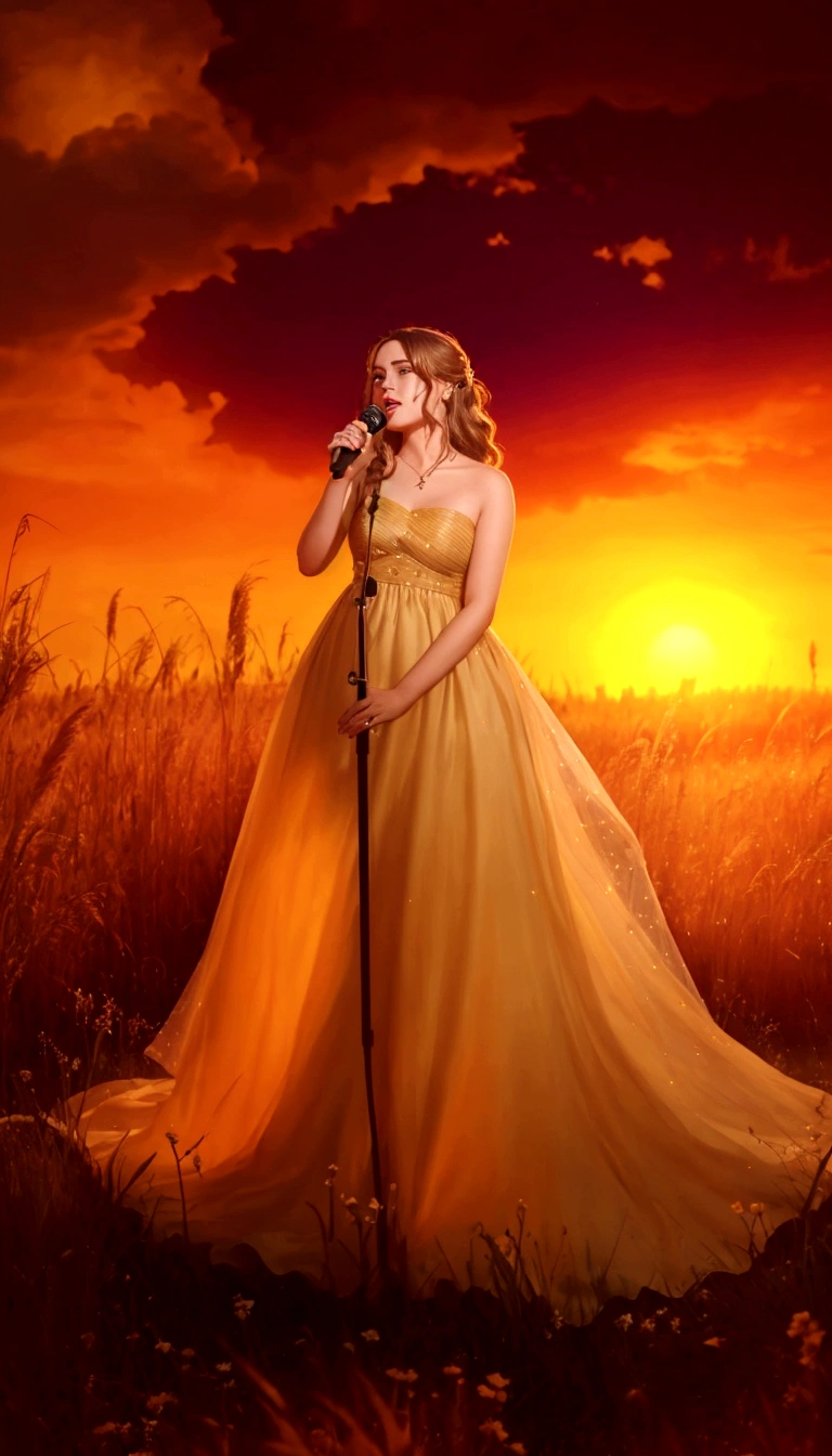 
a woman in a long dress singing into a microphone in a field, foreground background, performing, flowing gown, wearing a dress made of stars, bathed in golden light, sunset