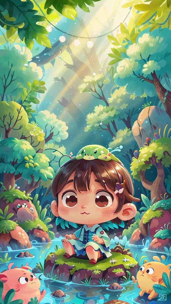 water里自在的鱼,cute,water,water草,Rich in color, this illustration is a 4K high-definition illustration,The facial features are rich in detail,Cartoon Style,Cartoon Animals 1.5,